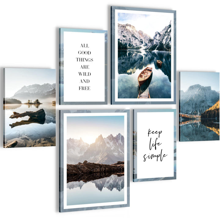Novart Wandbilder Set Berge und See Natur - KEIN EXTRA RAHMEN BENÖTIGT - Modern Deko - Wohnzimmer Sc
