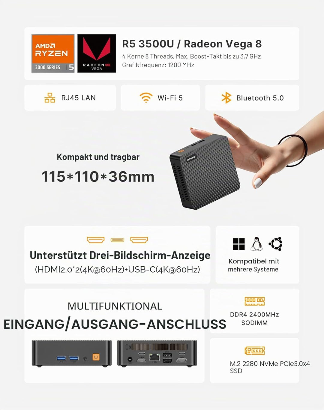 C4 Ryzen 5 3550H Mini PC, bis zu 3.7GHz, Light Gaming PC, 16GB DDR4 512GB M.2 SSD, Triple 4K 60Hz Di