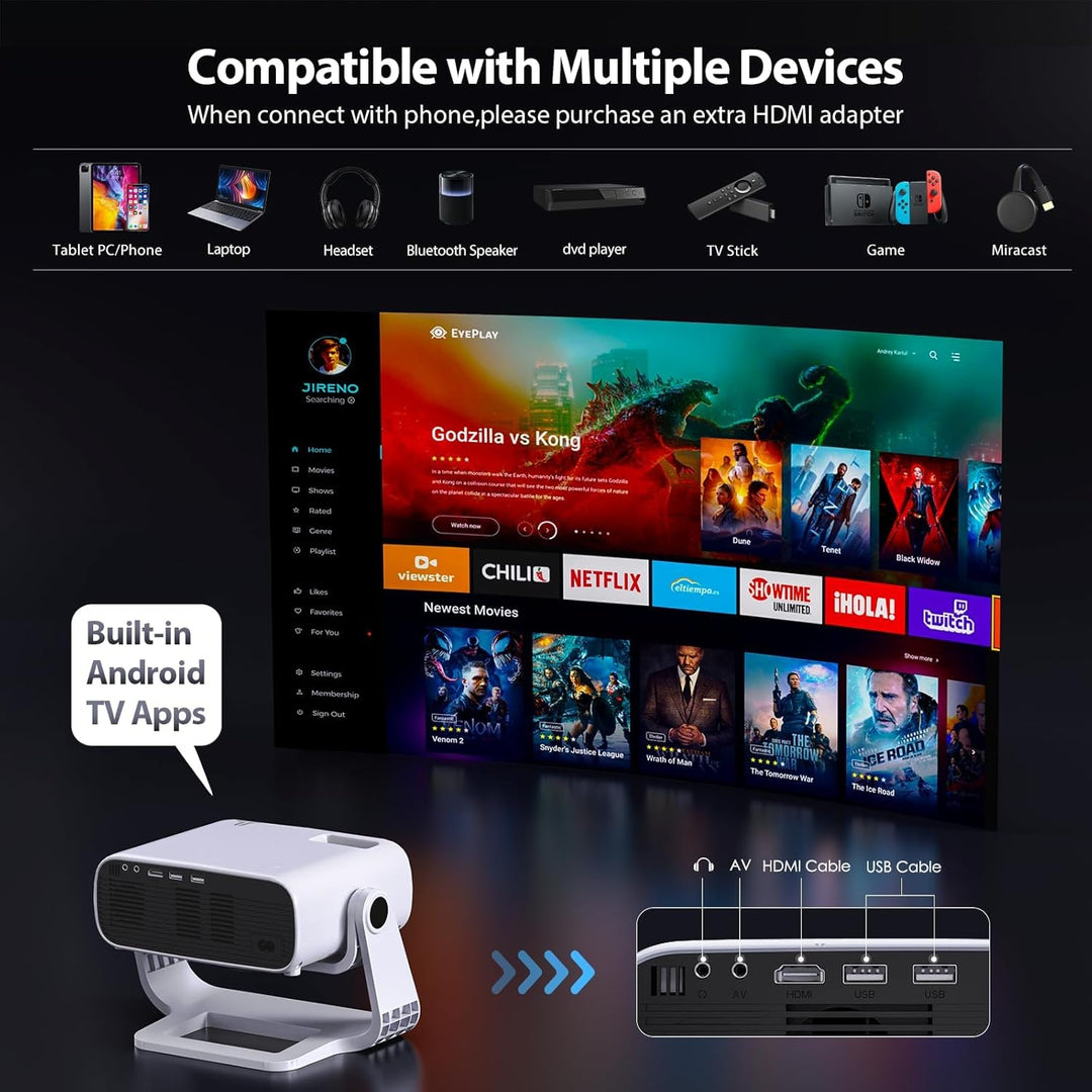 Wielio Smart Beamer mit Integrierte Apps,Native1080P 4K-Unterstützung,WiFi 6&Bluetooth 5.2,120° Vers