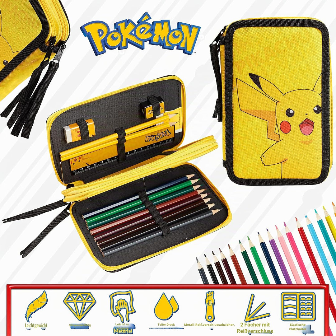 Pokemon Federmäppchen Gross, Gefüllte Federmappe Jungen mit Schreibwaren Set - Pikachu Geschenke für