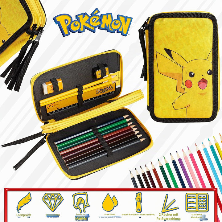 Pokemon Federmäppchen Gross, Gefüllte Federmappe Jungen mit Schreibwaren Set - Pikachu Geschenke für