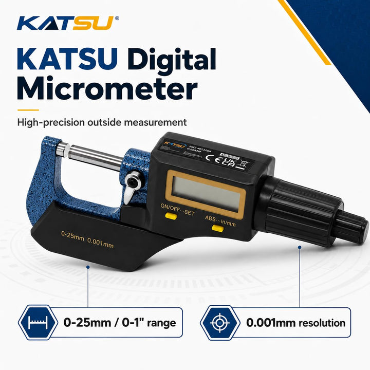 KATSU Digital-Mikrometer 0–25 mm (1 Zoll), elektronisches Aussenmikrometer mit grossem LCD-Display u