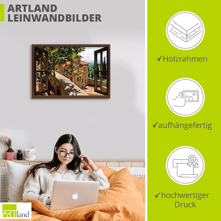 ARTland Leinwandbild Wandbild Bild auf Leinwand 130x90 cm Wanddeko Fensterblick Fenster Toskana Land