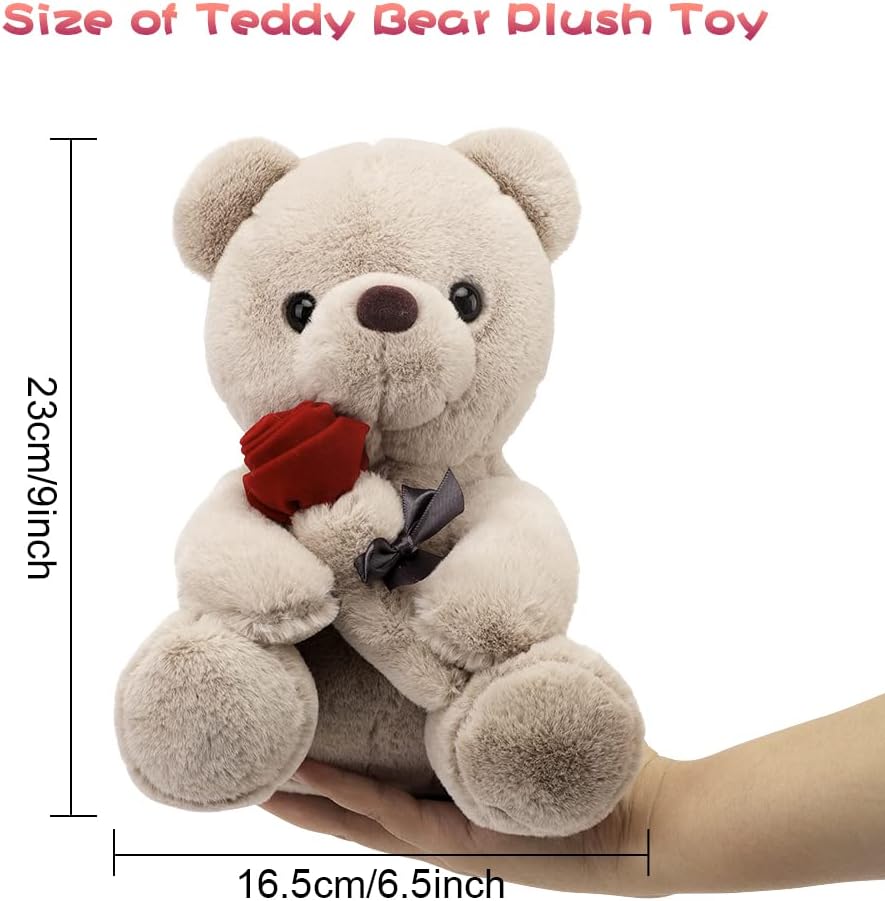 Teddybär, Plüsch-Bär, Teddy mit Rose, 23 cm Teddybären Rose Stofftier Spielzeug Dekozimmer Kissen, P