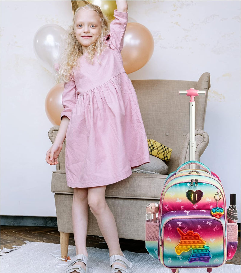 HTgroce Schulranzen Mit Rollen Rollrucksack Schulranzen mit Rollen für Mädchen Pop it Rucksack mit L