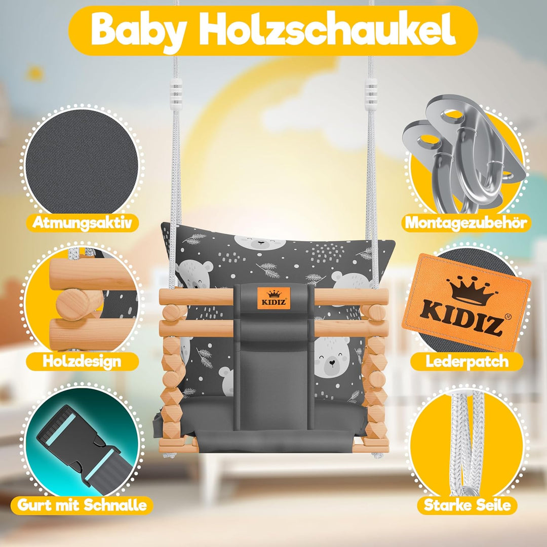 KIDIZ® Babyschaukel Kinderschaukel für Babys ab 6 Monaten und Kleinkinder bis 3+ Jahre | Holzschauke
