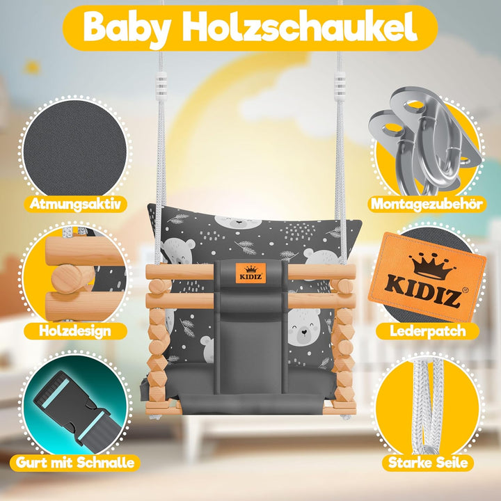 KIDIZ® Babyschaukel Kinderschaukel für Babys ab 6 Monaten und Kleinkinder bis 3+ Jahre | Holzschauke