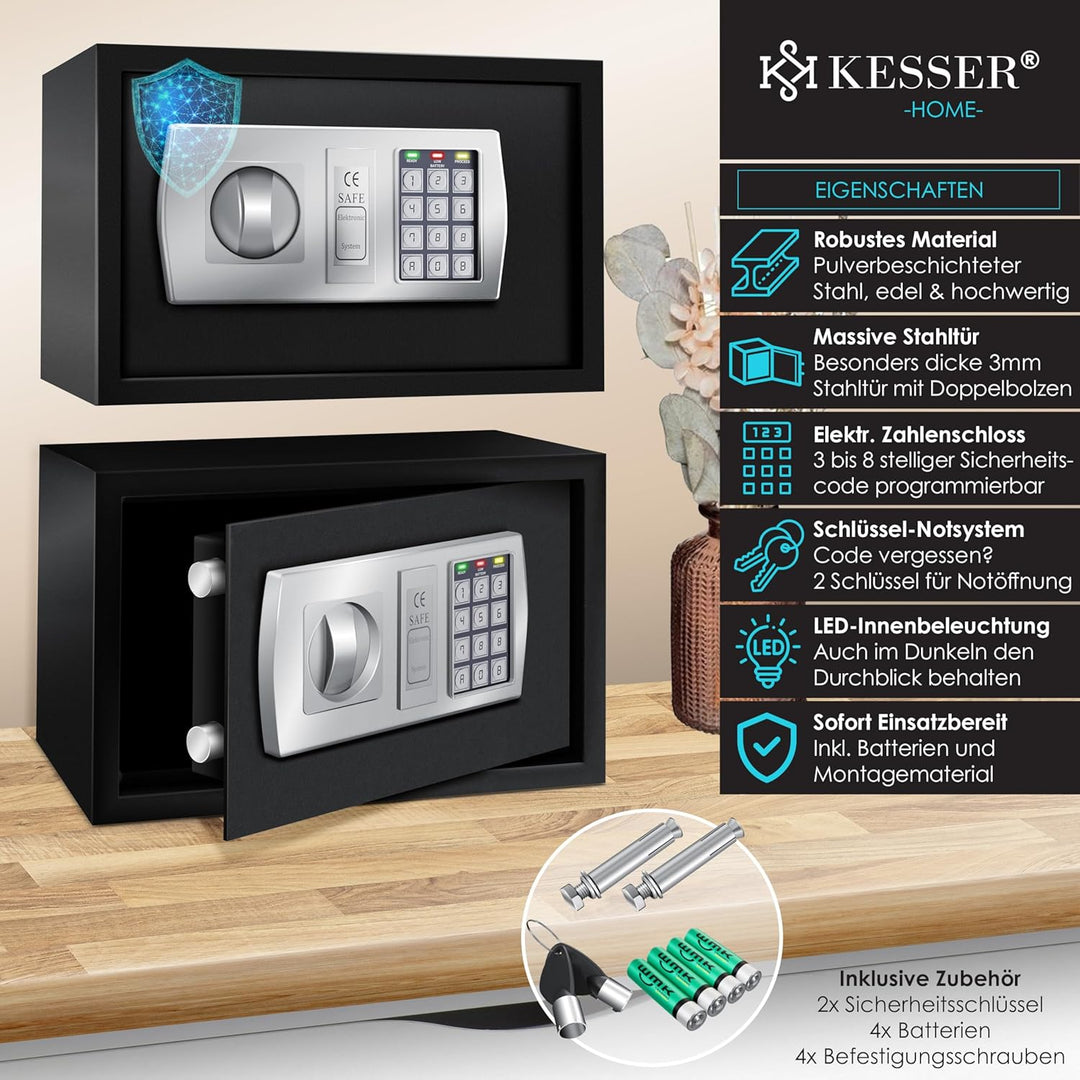 KESSER® Elektr. Tresor | 31x20x20cm | LED-Anzeige | Elektronischer Safe | Doppelbolzenverriegelung |