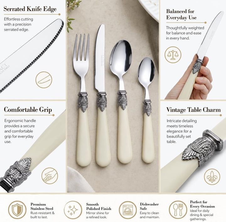 EXZACT Besteck 16 Stück Creme, Edelstahl mit detaillierten Griff, traditionelle, elegante, Vintage S