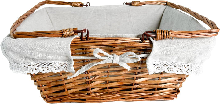 Kobolo Klappbügelkorb Weidenkorb mit Klapphenkeln eckig Textilfutter mit Häkelborte - braun - 40x30x