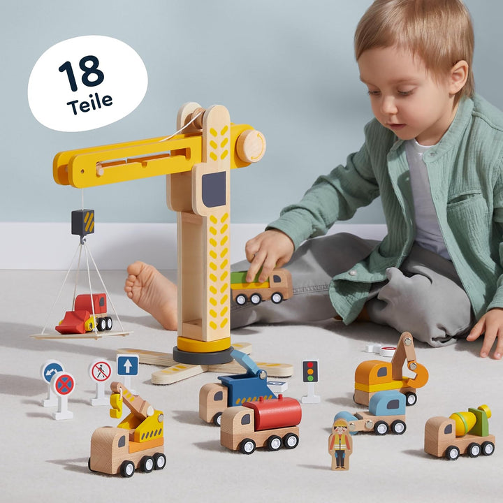 Holzspielzeug Baustelle mit Turmkran, Baufahrzeuge, Betonmischer, Ampel, Verkehrszeichen, Baustellen