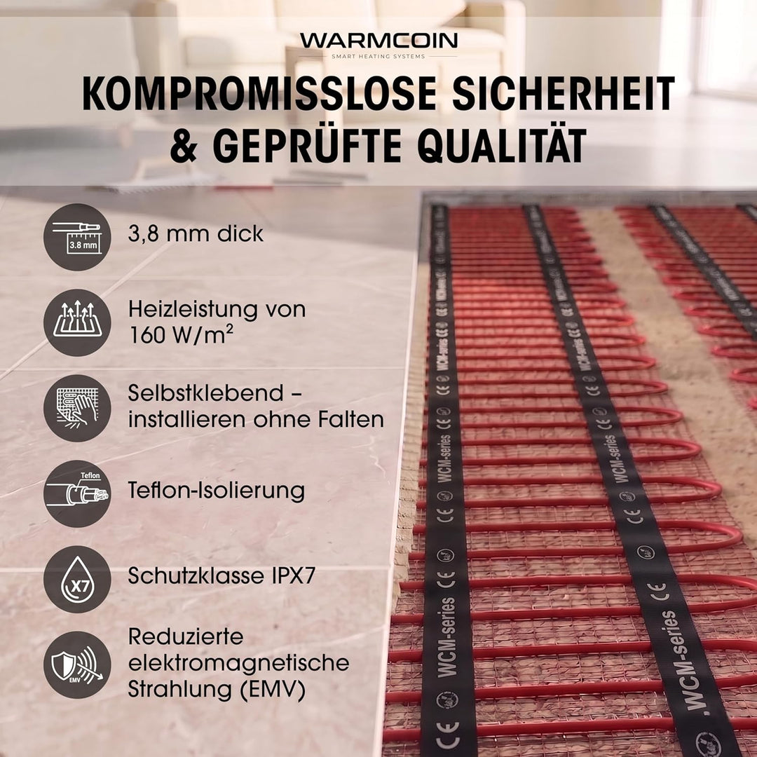 Elektrische Fussbodenheizung Paket 160 W/m² – Fliesen, Laminat &amp; Vinyl – 3,0 m² – W40 WLAN-Thermosta