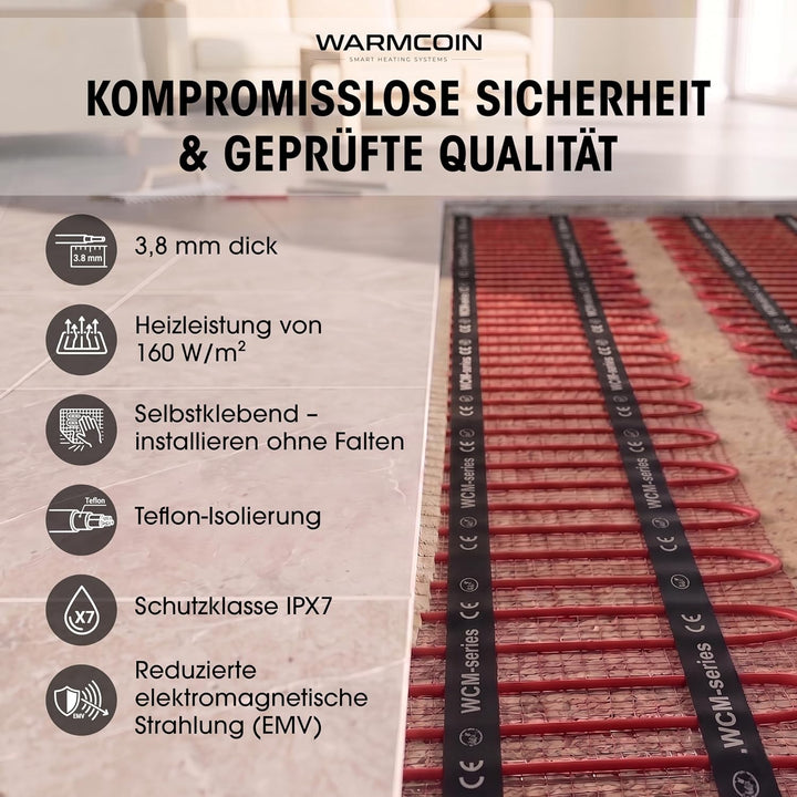 Elektrische Fussbodenheizung All-in-One Set 160 W/m² – Fliesen, Laminat &amp; Vinyl – 8 m² – Inkl. W100