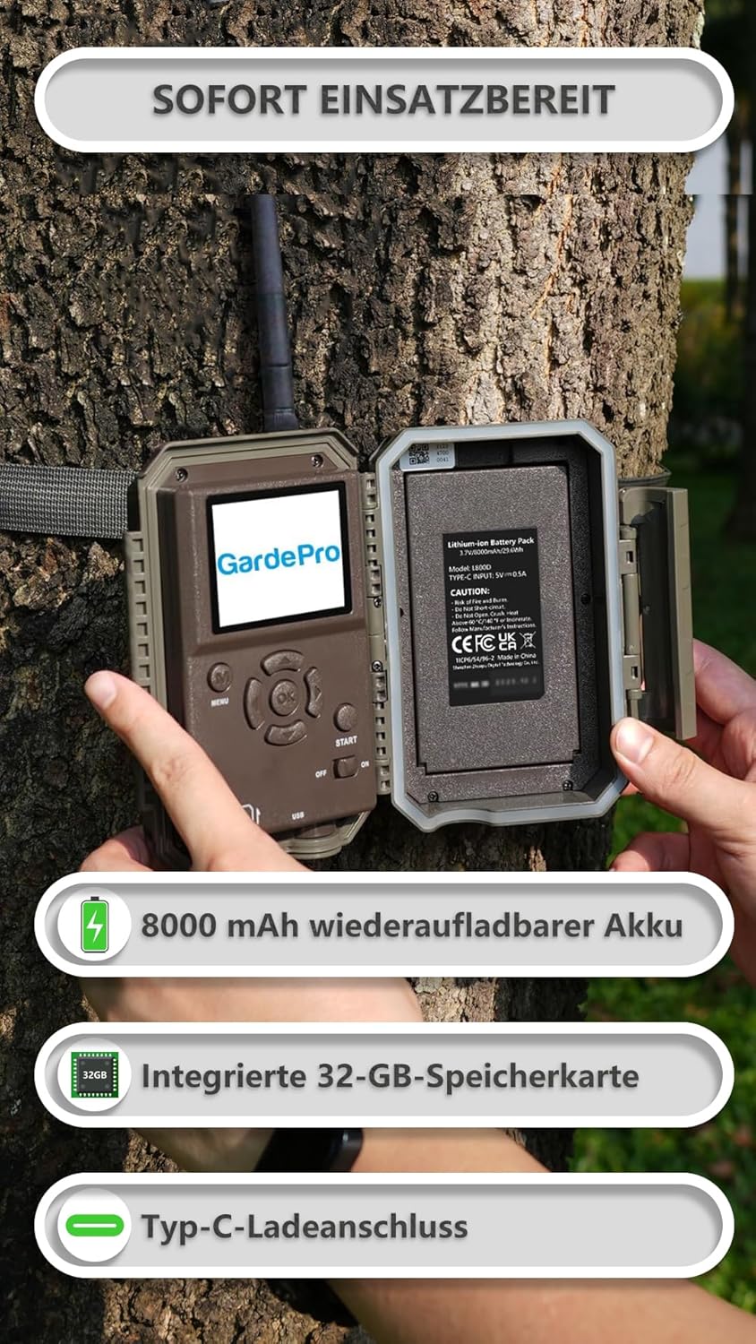 GardePro E8P Max Wildkamera WLAN, Wiederaufladbare 8000mAh Batterie, integrierte SD Karte, 64MP 1296