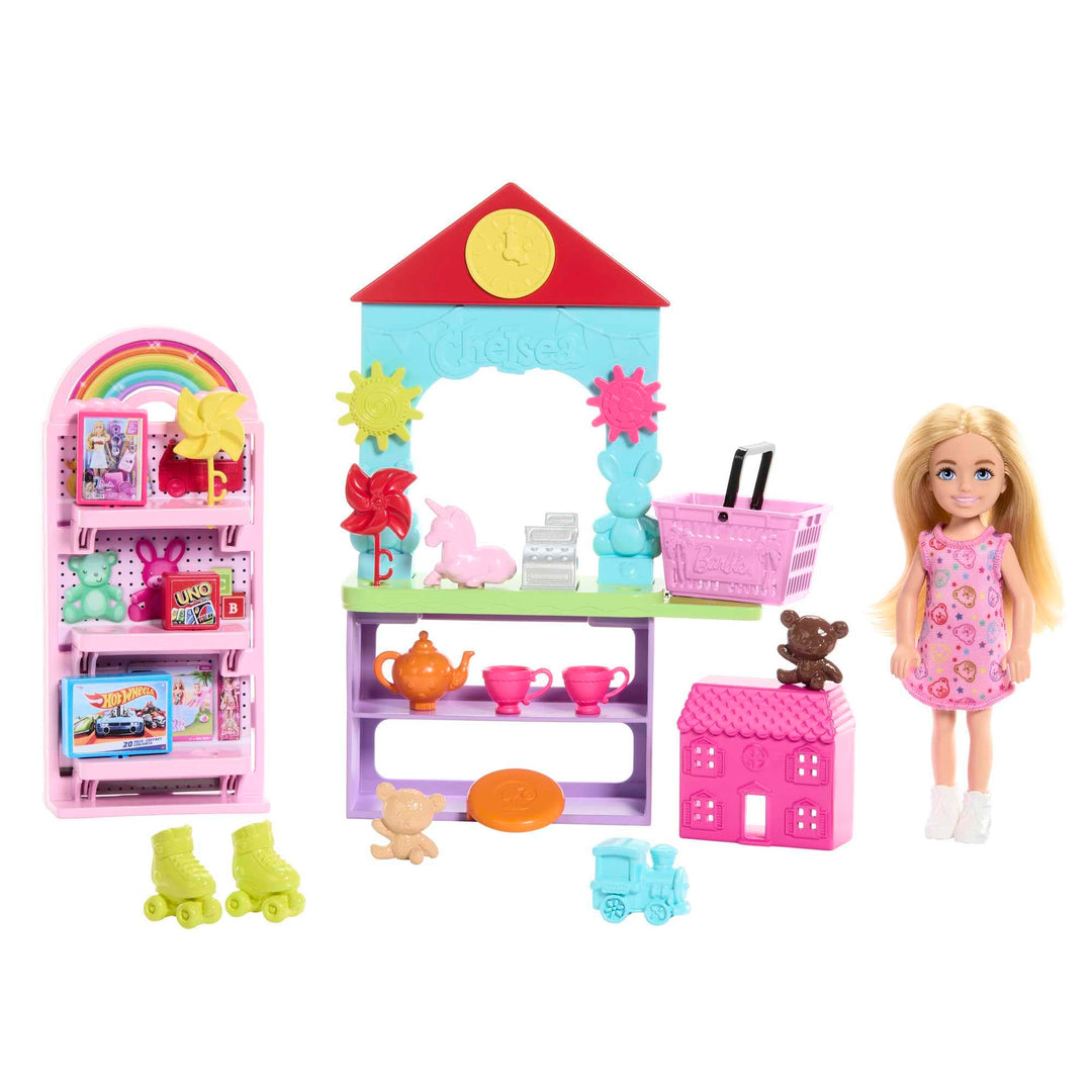 Barbie Chelsea Spielzeuggeschäft-Spielset mit Kleiner Blonder Puppe, Theke und Möbeln zum Ausstellen