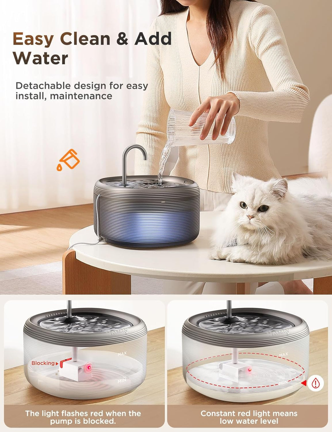 FEELNEEDY Katzenbrunnen für Katzen 3,2L Trinkbrunnen Super Leise 2 Wasserflussmuster Wasserautomat f