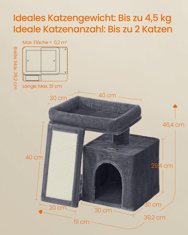 Feandrea Kratzbaum klein, Katzenbaum mit Kratzrampe und grosser Plattform, Katzenkratzbaum mit Höhle