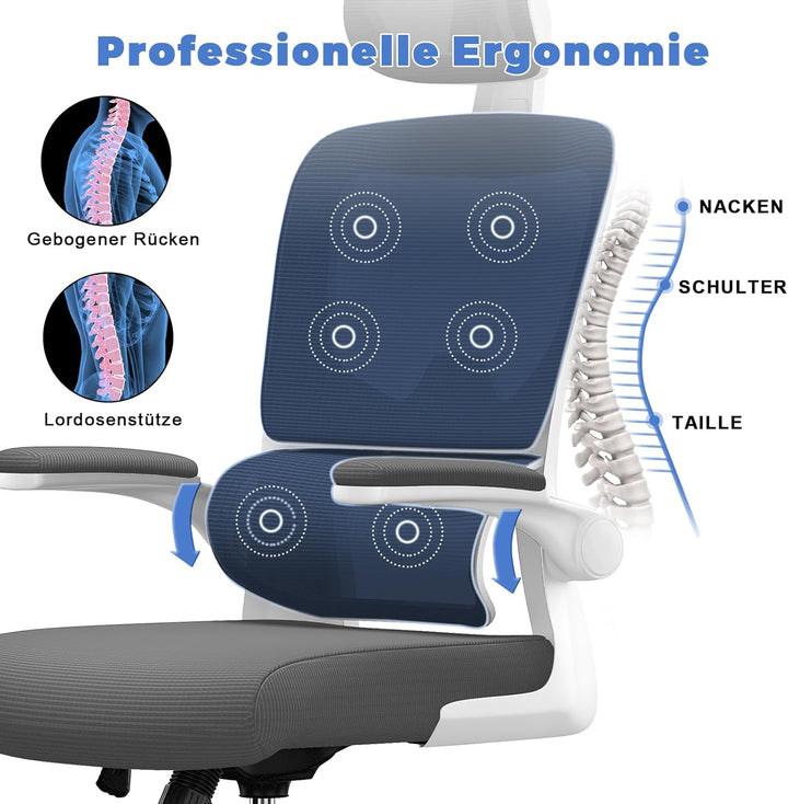 naspaluro Bürostuhl, Ergonomischer Schreibtischstuhl mit Verstellbarer Kopfstütze, Armlehnen, Dynami