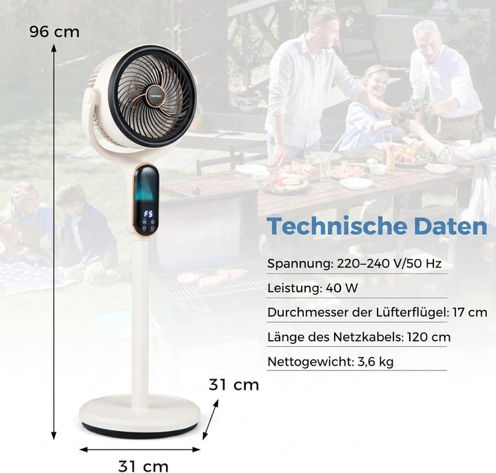 COSTWAY Standventilator leise mit Fernbedienung, 54-96 cm höhenverstellbar | Bodenventilator mit 8 S
