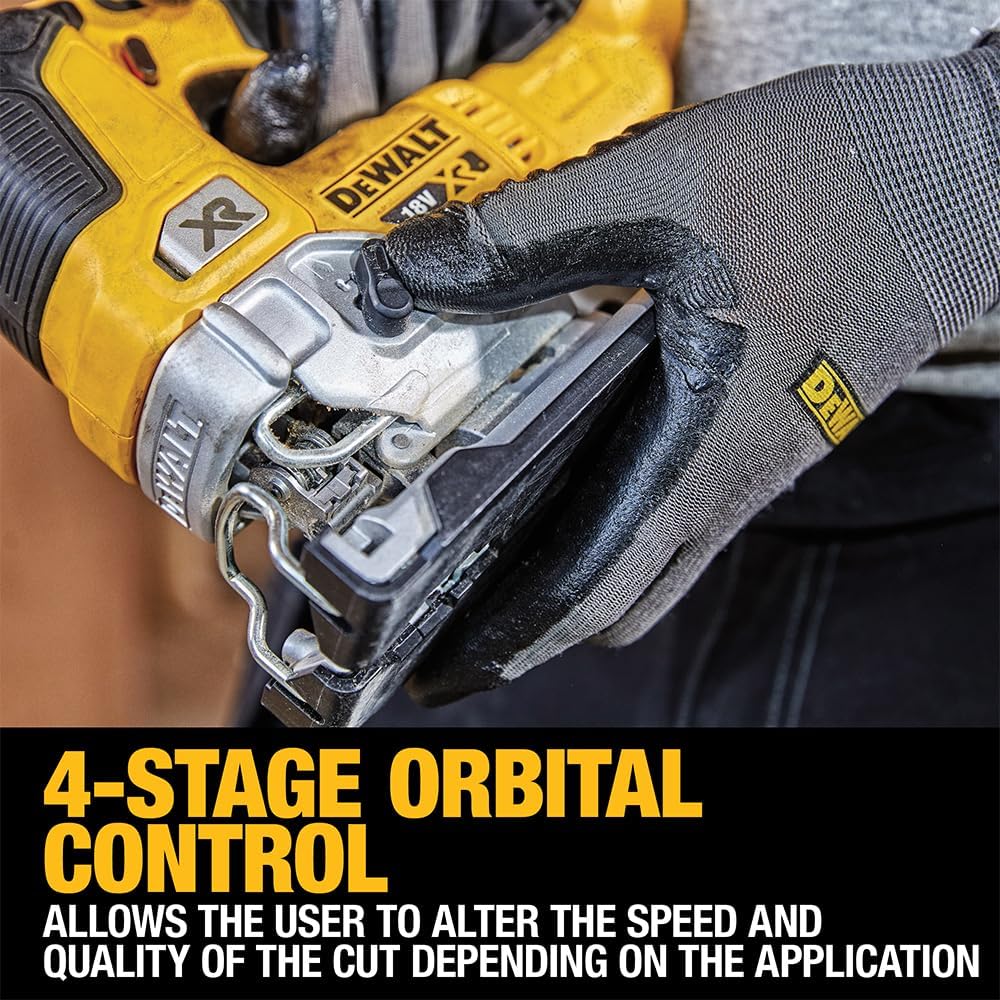 Dewalt 18V Akku-Pendelhubstichsäge DCS335NT (bürstenlos, verstellbarer Alu-Druckguss-Sägeschuh, 3-fa