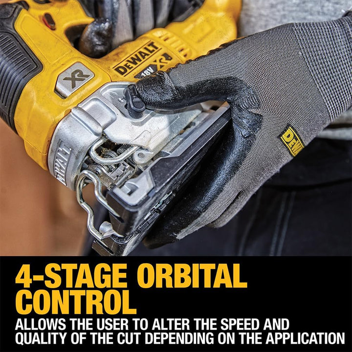 Dewalt 18V Akku-Pendelhubstichsäge DCS335NT (bürstenlos, verstellbarer Alu-Druckguss-Sägeschuh, 3-fa