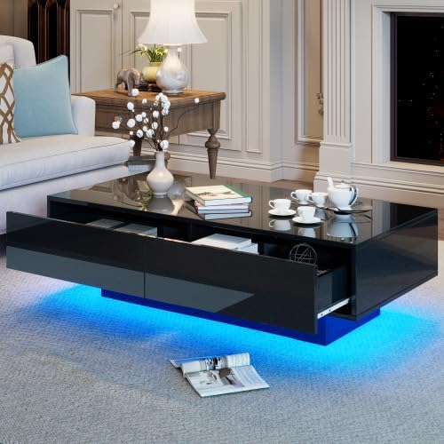 Merax Moderner Schwarzer Hochglanz-Couchtisch mit LED-Beleuchtung und 2 Schubladen – 115x55x34 cm, K