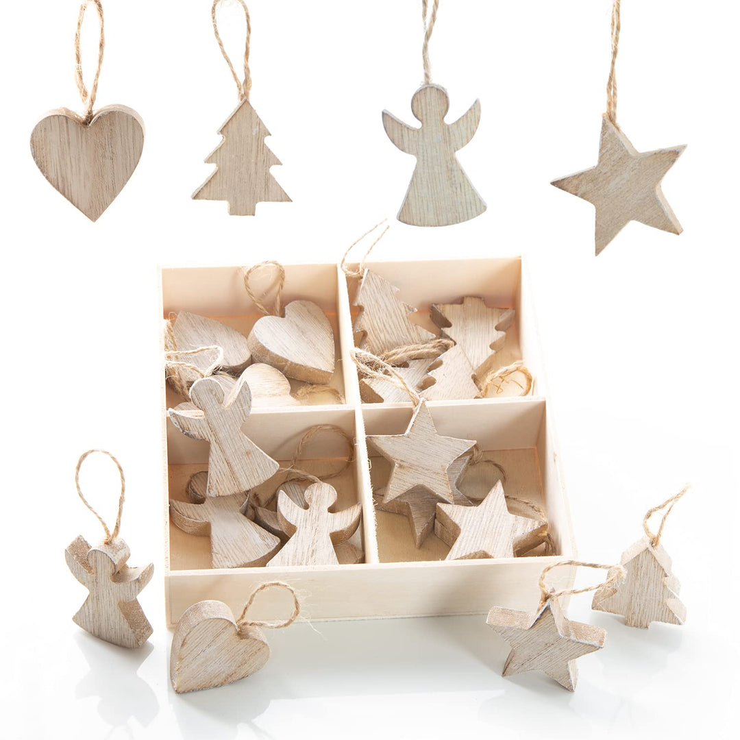 Holzanhänger Weihnachten, 24er Set: Weihnachtsanhänger Holz Stern, Tannenbaum, Engel & Herz, Anhänge
