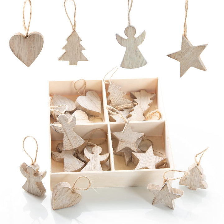 Holzanhänger Weihnachten, 24er Set: Weihnachtsanhänger Holz Stern, Tannenbaum, Engel & Herz, Anhänge