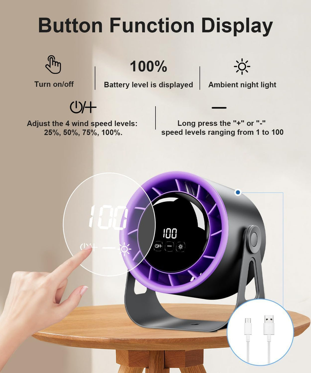 Macchiatto Tischventilator USB mit Akku, Leiser Mini Ventilator, 4 Geschwindigkeiten, 360° Verstellb