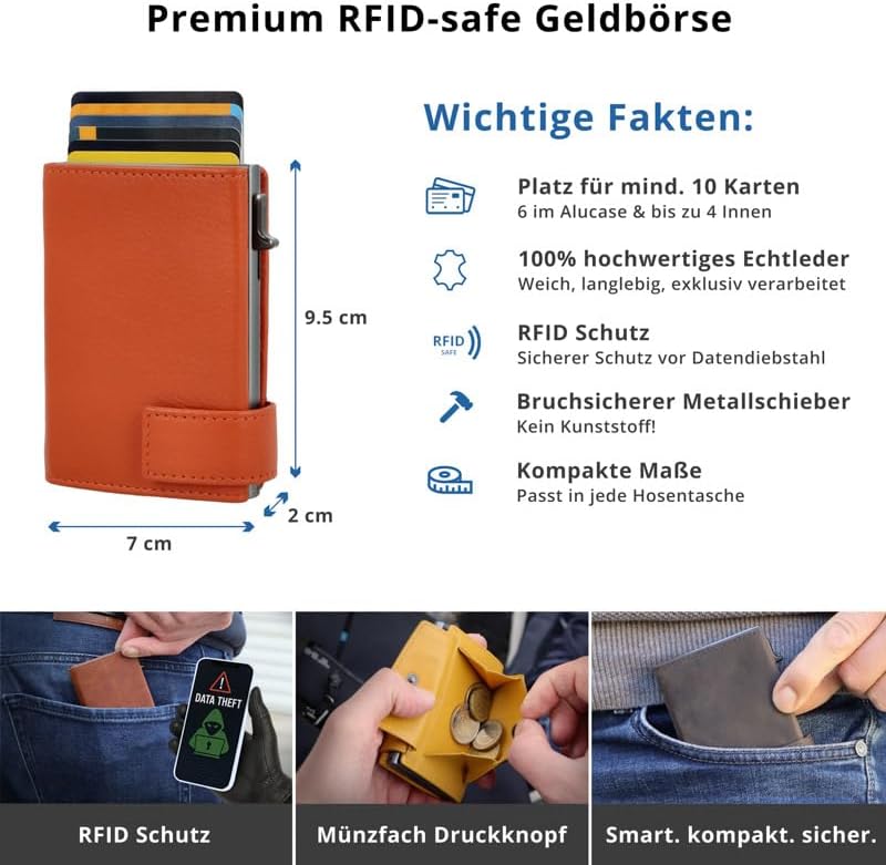 SecWal Kartenetui mit Münzfach Druckknopf inkl. Geschenkbox - Made in Germany - Echtleder Mini Geldb