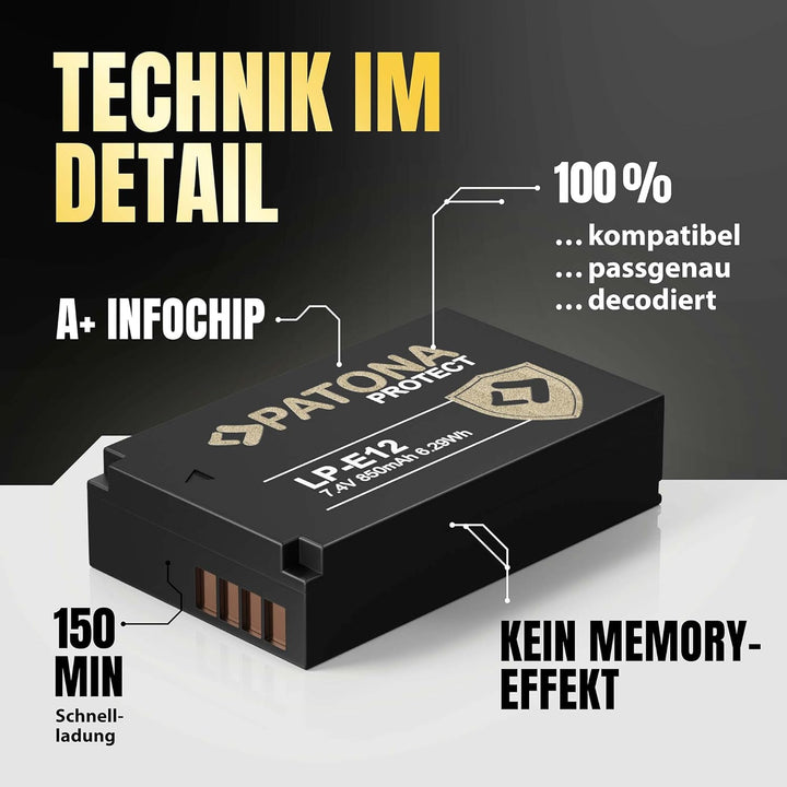 PATONA 2X Protect Akku Ersatz für Canon LP-E12 LPE12 Battery Pack 850mAh | Ersatzakku mit NTC-Sensor