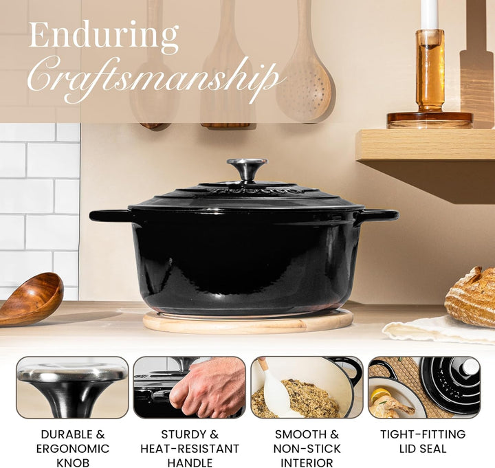 Gusseisen Dutch Oven mit Deckel – Emaille-Schmortopf mit Antihaft, Ofenfest – Schwarz, 6.1 Liter, 28