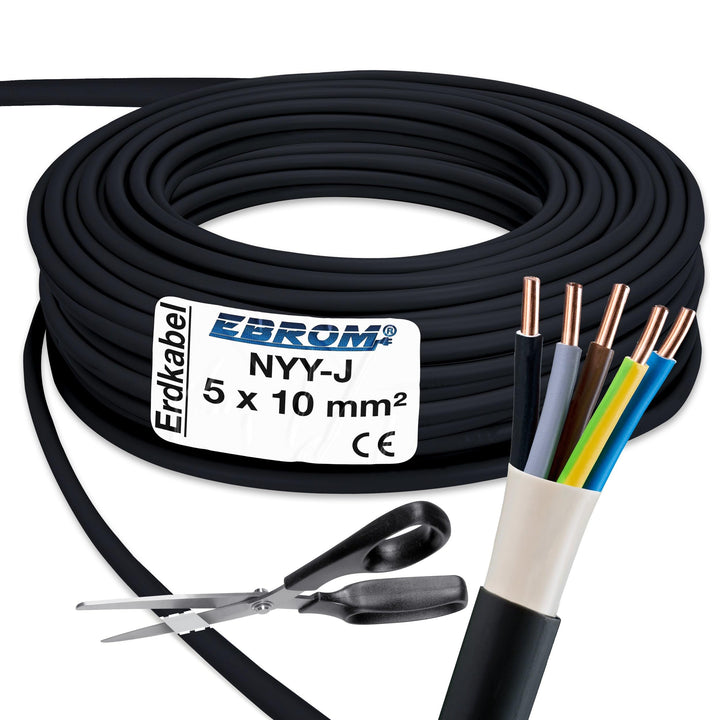 EBROM Erdleitung NYY-J 5x10 mm² Starkstromkabel Erdkabel schwarz - 95 m | 5m bis 100 m, Elektrokabel