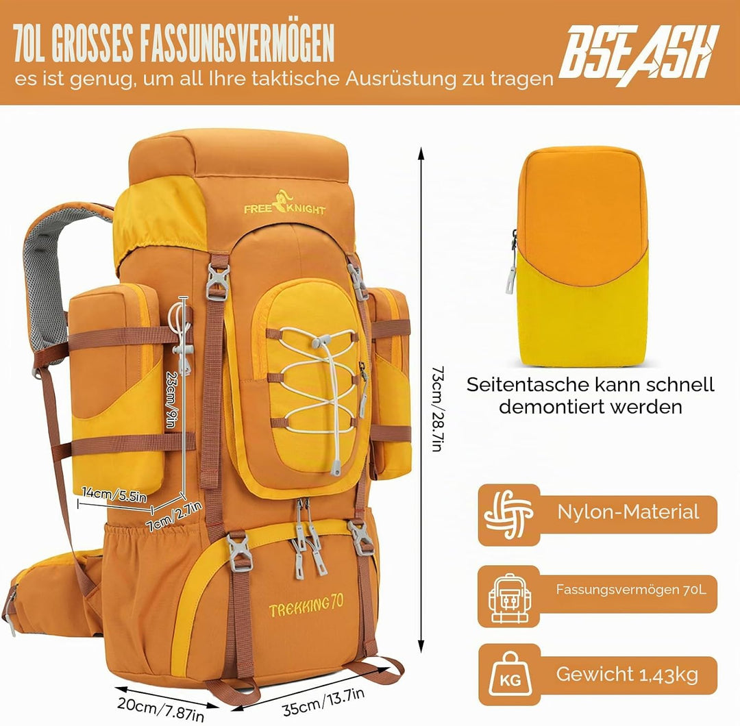 Bseash 70L (65+5) Wasserdichter Wanderrucksack mit Regenschutz, Outdoor-Sport, Reisen, Tagesrucksack
