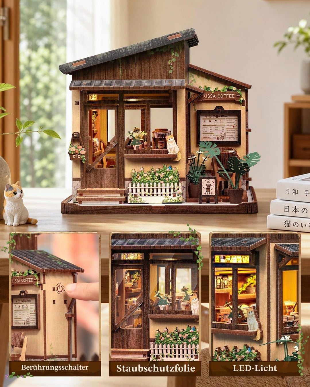 Book Nook Kit - Miniatur Puppenhaus mit LED: 3D Holz-Puzzle Buchstütze, Retro-Deko für Bücherregal,