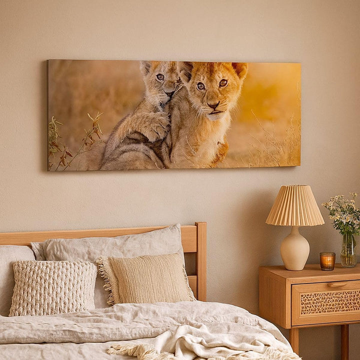 Panorama Bilder auf Leinwand 100x40cm Leinwandbild mit Rahmen Löwe Natur Tier Gross Wanddeko Bild Sc