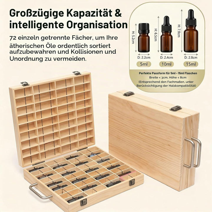 2-Schichtig Ätherisches Öl Organizer aus Massivholz mit 72 Fächern &amp; Gurtband - Aufbewahrungsbox mit