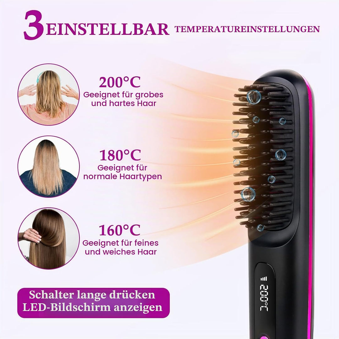 Glättbürste Kabellos, Haarglätter Bürste, Mini Glätteisen Tragbare Glättungsbürste Wiederaufladbare