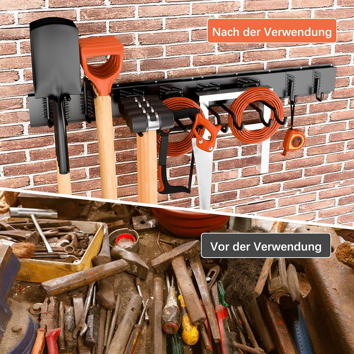 Verstellbares Gartengerätehalter 120 cm, Wandhalterung Gartengeräte - mit 3 Schienen& 8 Haken, Aufbe