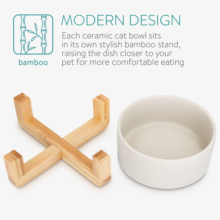 Navaris 2X Futternapf Katze mit Bambus Halter - Futterstation 2X Keramiknapf für Katzen Hunde - Kera