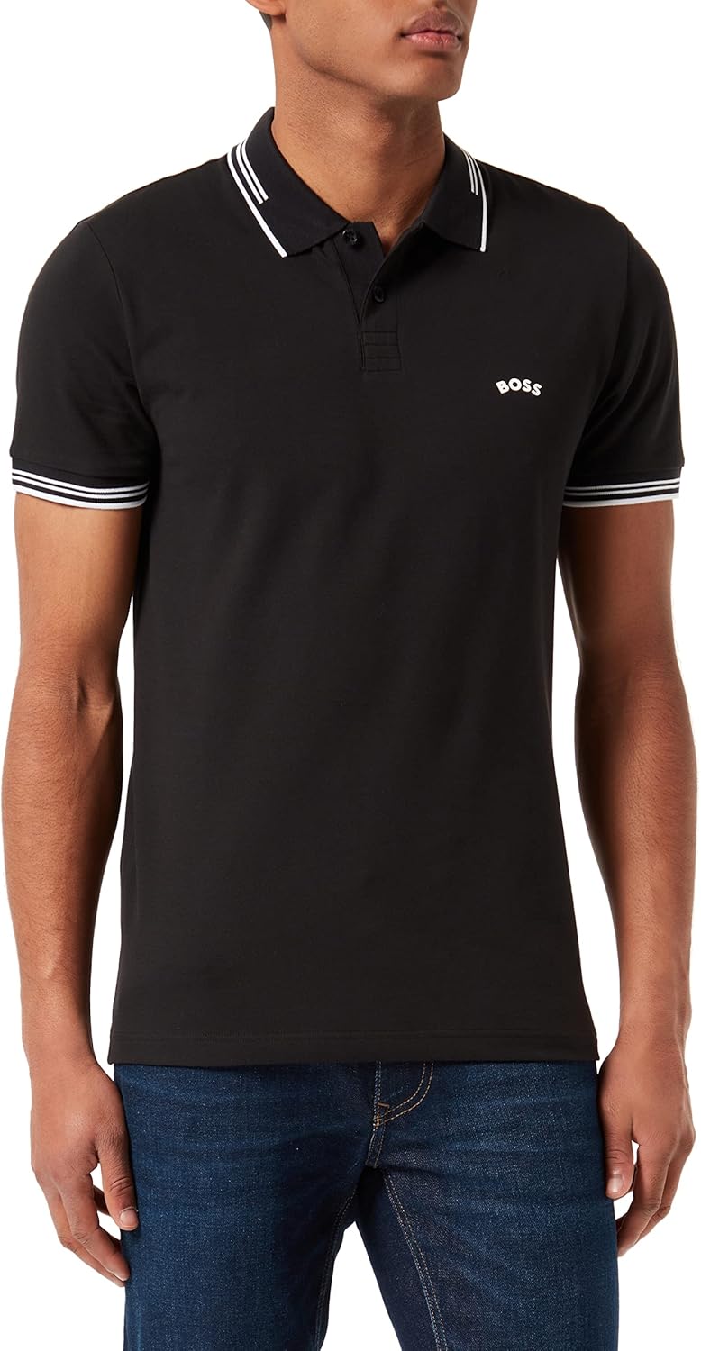 BOSS Herren Paul Curved Slim-Fit Poloshirt aus Stretch-Baumwolle mit geschwungenem Logo Schwarz S