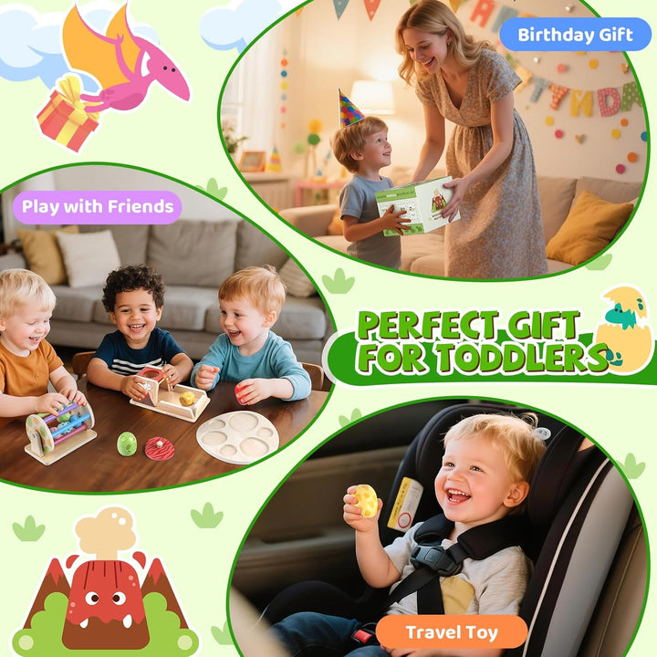 Montessori Holzspielzeug Baby Dinosaurier Ei Spielset ab 6 Monaten, Stapelt und Greifpuzzle, Spinnin