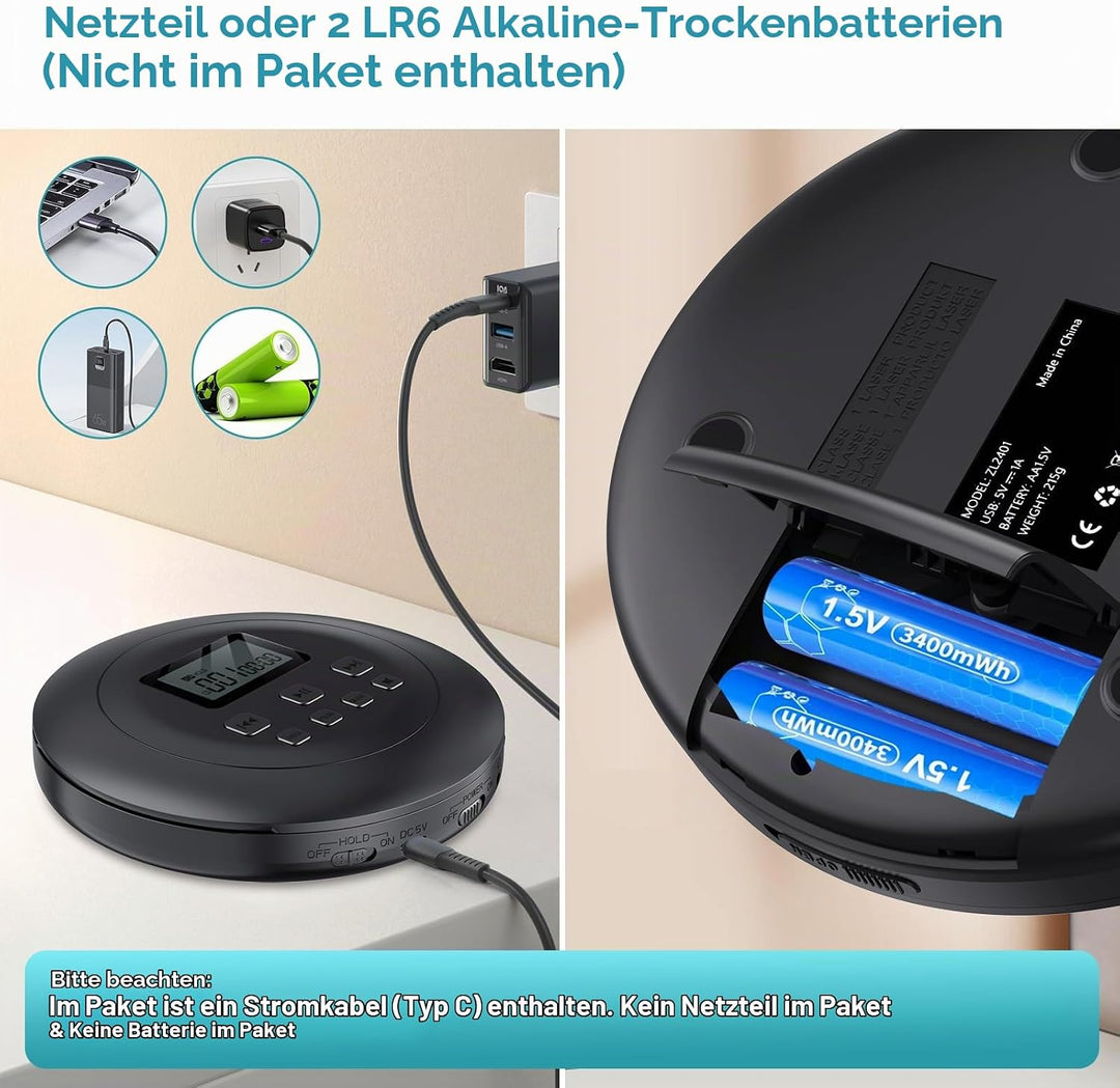 Gueray CD Player Tragbar CD Player Kinder CD Player HiFi Tragbarer CD Player Discman mit Kopfhörer L