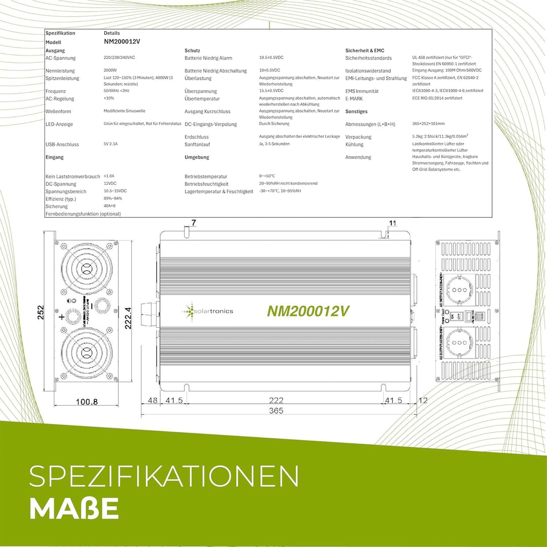 solartronics Spannungswandler Wechselrichter Intverter NM 2000-4000 Watt 12V zu 230V schwarz USB Sch