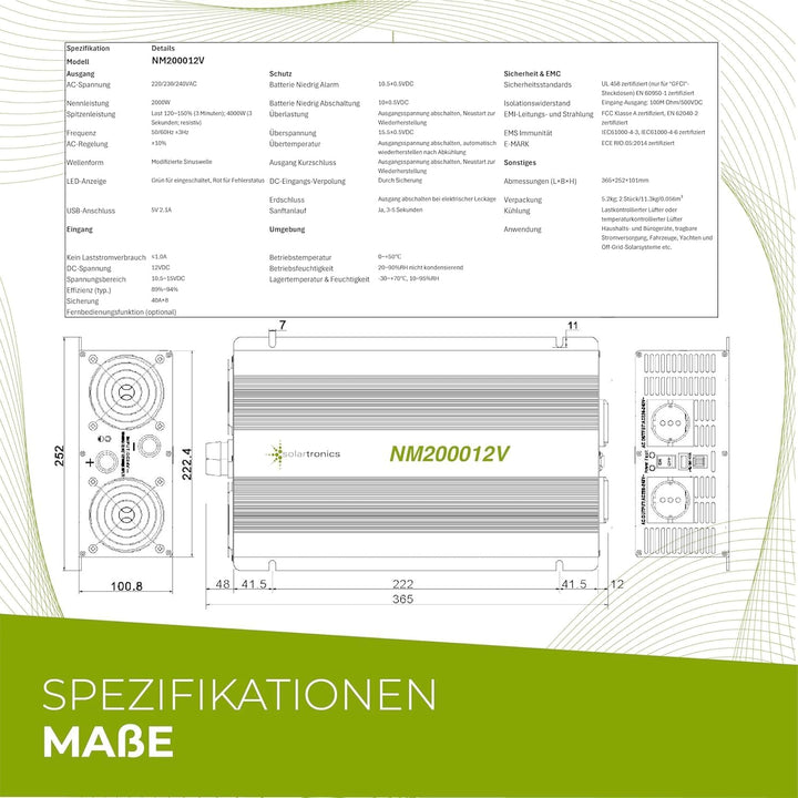solartronics Spannungswandler Wechselrichter Intverter NM 2000-4000 Watt 12V zu 230V schwarz USB Sch