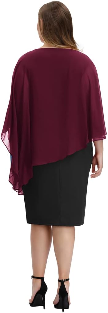 Hanna Nikole Damen Grosse Grösse Chiffon Cape Cocktailkleid Knielang Abendkleid mit Overlay M Weinro