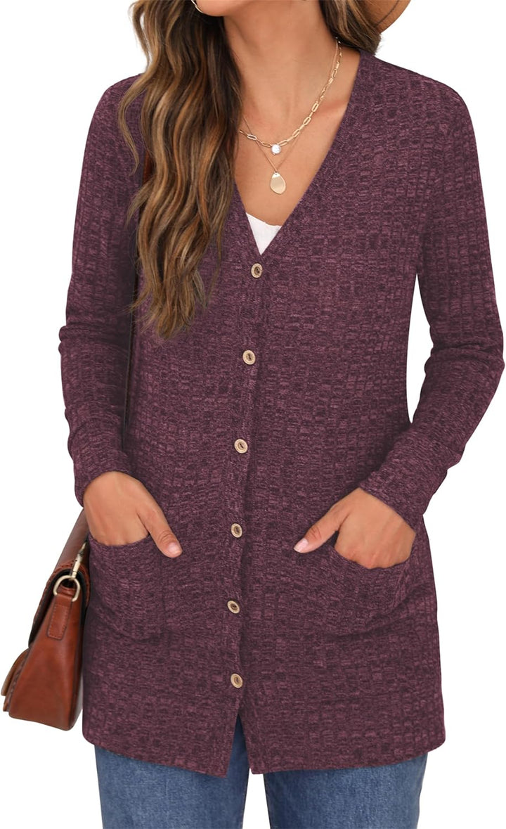 GRECERELLE Damen Leichte Strickjacke Lang mit Taschen und Knöpfen Long Elegant Cardigan V-Ausschnitt