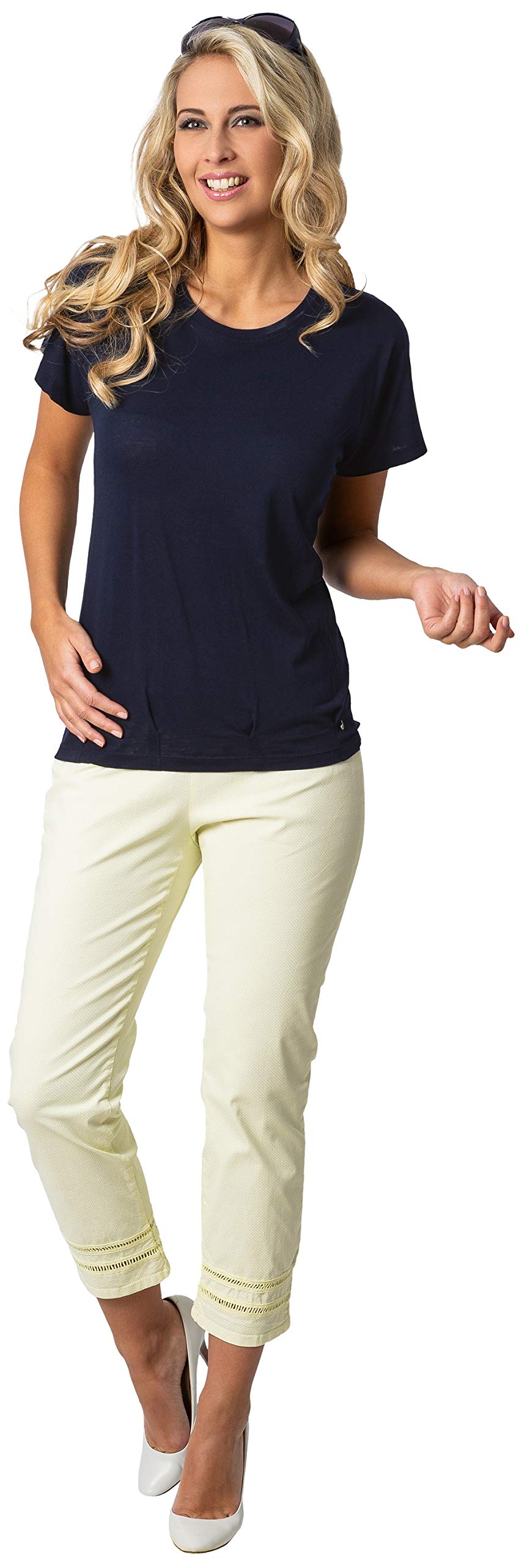 Stehmann, Capri Hose im Minimaldruck mit Hohlsaumstickerei, Tender Yellow
