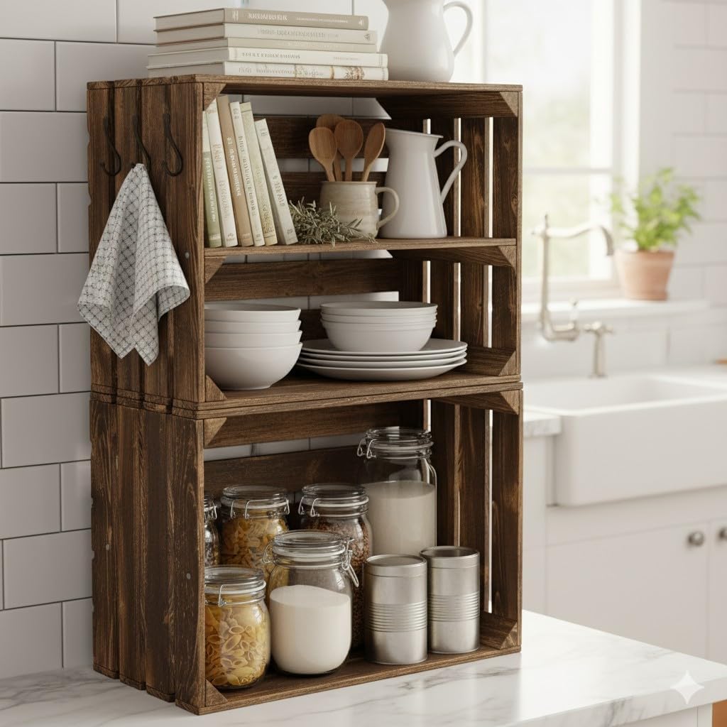 Teramico Alte geflammte Obstkisten / Holzkisten mit Zwischenboden LANG verarbeitet - Ideal für den M