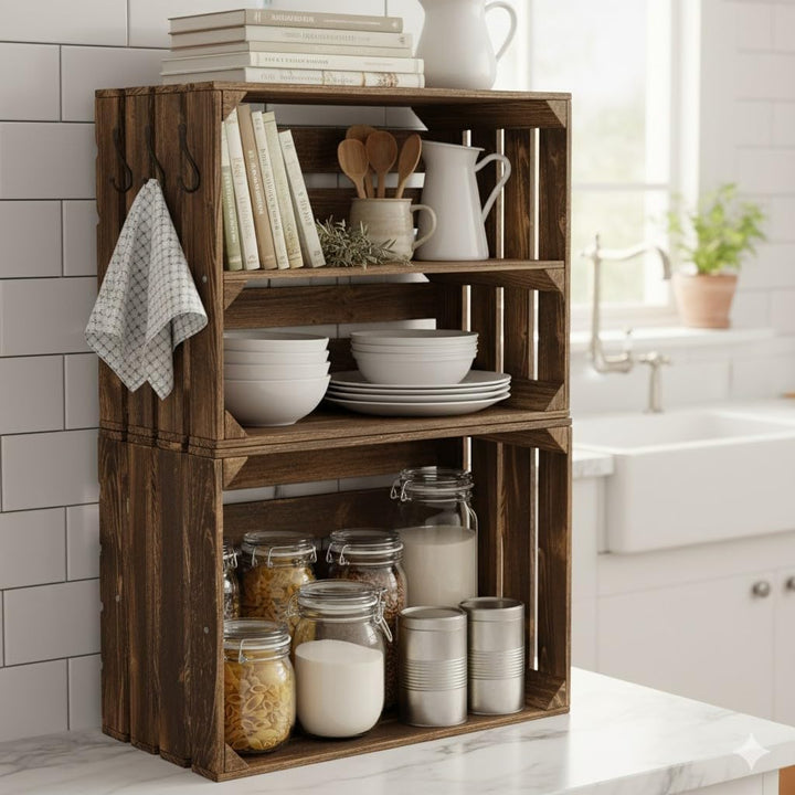 Teramico Alte geflammte Obstkisten / Holzkisten mit Zwischenboden LANG verarbeitet - Ideal für den M